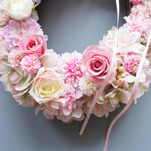 リース ピンクグリーンあじさいとロマンティックピンクローズ 造花