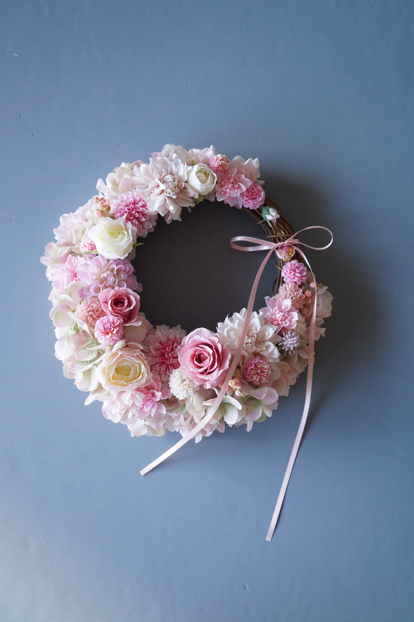 リース 秋の花リース ピンクグリーンあじさいとロマンティックピンク