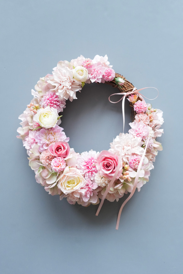 リース ピンクグリーンあじさいとロマンティックピンクローズ 造花