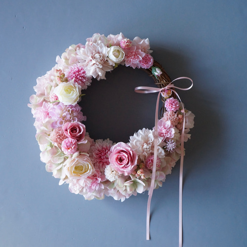 【SALE】ピンク＆パープル　フラワーリース　造花 パープルピンクのアジサイのリース【直径約20cm 】/アーティフィシャル