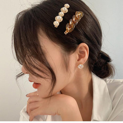 韓国ファッション　パールとチェーンデザインの２点セットヘアピン(ブラウン)　アクセサリー　-7322 2枚目の画像