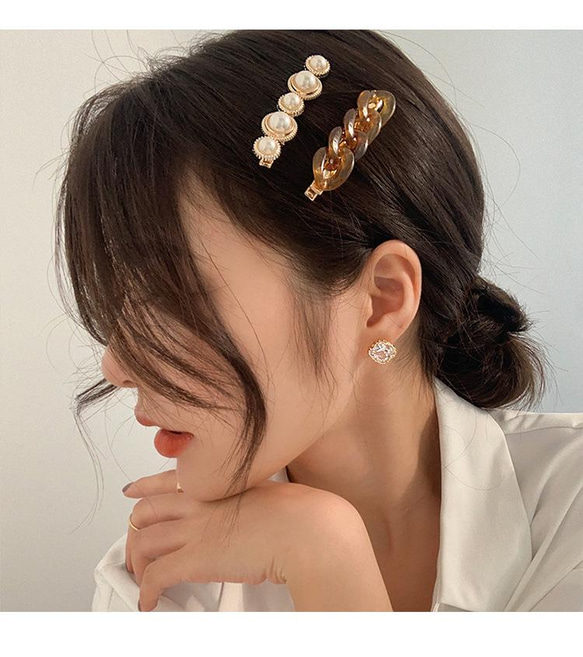 韓国ファッション　パールとチェーンデザインの２点セットヘアピン(ブラウン)　アクセサリー　-7322 2枚目の画像