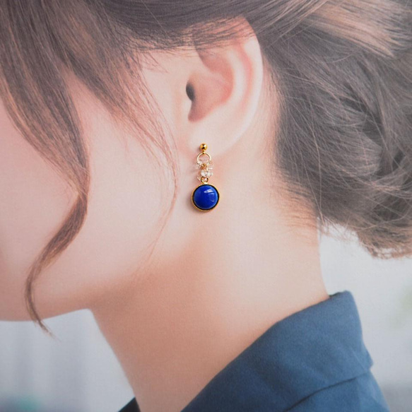 景泰藍水晶圓形耳環~寶藍色~ 第5張的照片