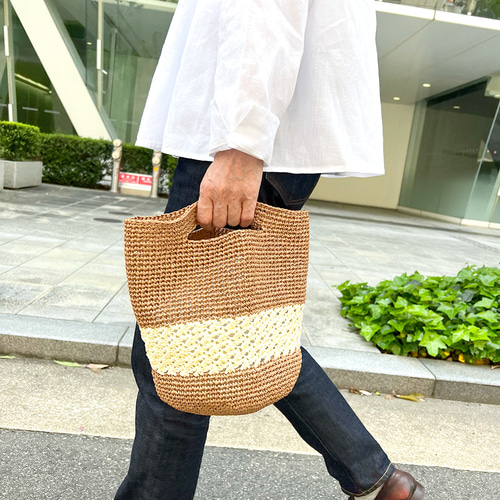 かぎ針編み】丸底ハンドバッグ ブラウン×ホワイト かごバッグ コットン