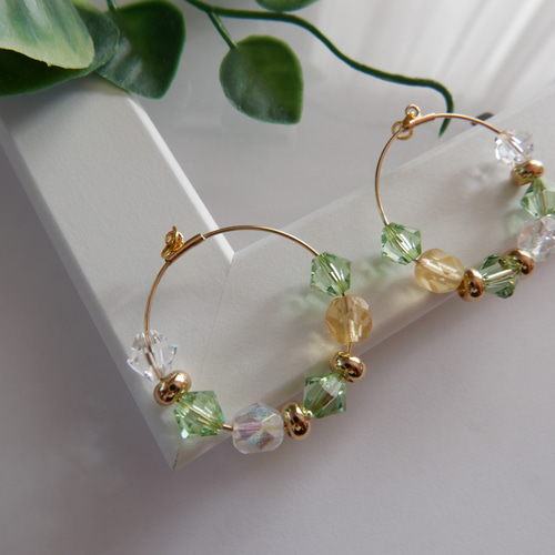 【ピアス】スワロ シンプル グリーン×パープル 夏 秋 マルチカラー K18ピアス(ブルークォーツ/シトリン/グリーン