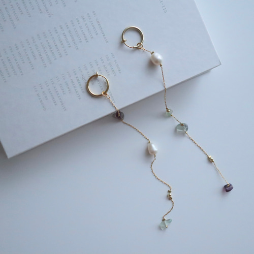 eau [ フローライト , 淡水パール ] ロングピアス 金具変更可