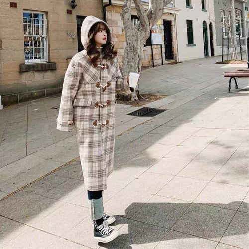 Lillys秋冬コーデ❤️ダッフルコート レディース チェック柄 フード
