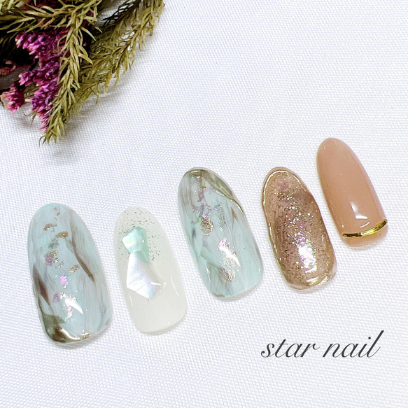 大人上品 ミントグリーン ニュアンス ミラーネイル 結婚式 成人式