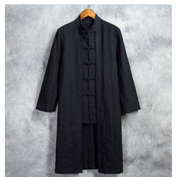 モダンロングコート 伝統的中国礼服 リネン＆コットン生地 手作りチャイナカラー付き 黒 紺 プレミアムコート#104 1枚目の画像