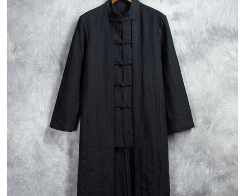 モダンロングコート 伝統的中国礼服 リネン＆コットン生地 手作り