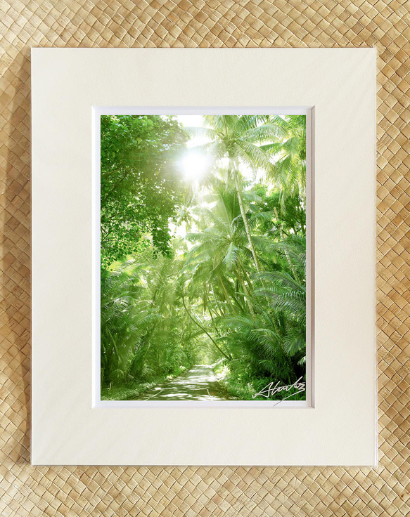 「ヤシの並木道」朝の陽光で輝く心地良いヤシの並木道　１１×１４マットフレーム作品　風景写真　 1枚目の画像