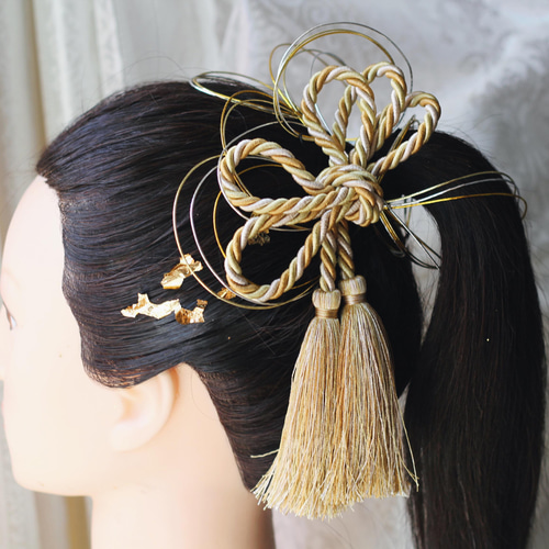 再販☆ポニーテール 水引アレンジ 紐タッセルリボン イエローゴールド