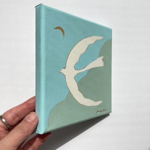 原画・送料無料】月 鳥 春の空 キャンバス「優しい月と鳥⑨」 絵画