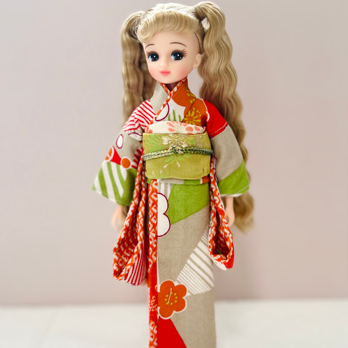 リカちゃん 梅柄 レトロ着物 緑 帯セット その他人形 H's made