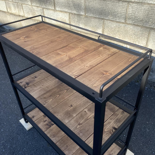 【限定特価】3段アイアンシェルフ 植物棚　インダストリアル 　ボタニカルシェルフ 柵付きアイアン3段ラック［ver.木板］ 植物棚 インダストリアル