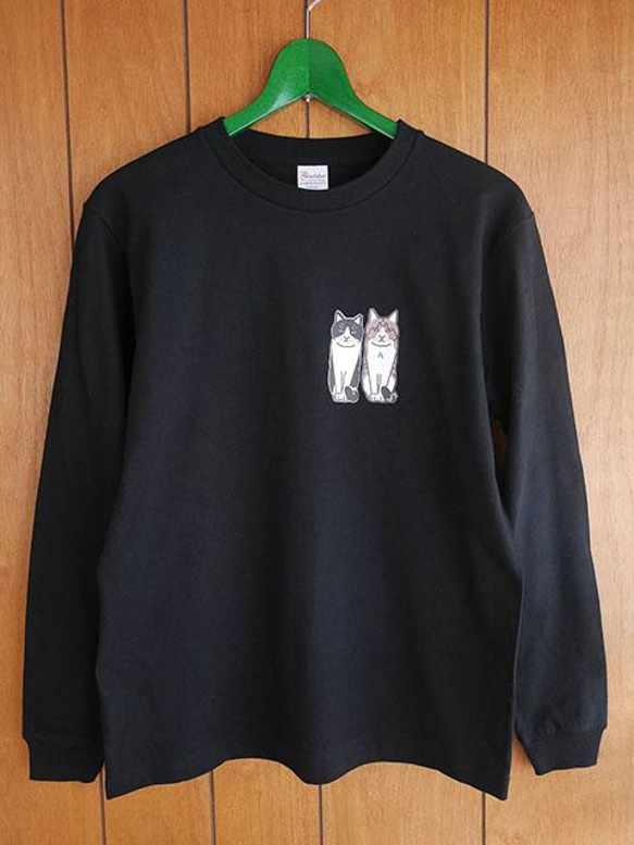 猫と暮す長袖Tシャツ/黒/白キジSサイズ 1枚目の画像