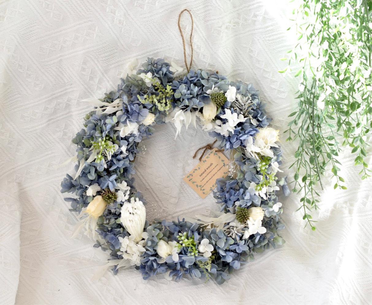 No75 たっぷりプリザーブドフラワーあじさいの爽やか贅沢♡ハンドメイドリース