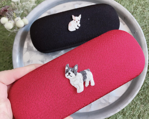 メガネケース 犬の刺繍 ちりめん イヌ フレンチブルドッグ フレブル