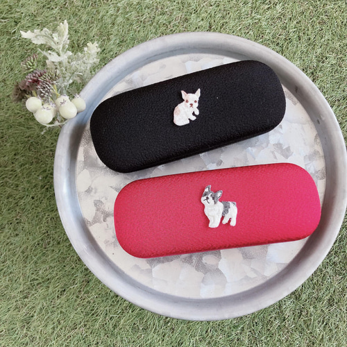 メガネケース 犬の刺繍 ちりめん イヌ フレンチブルドッグ フレブル