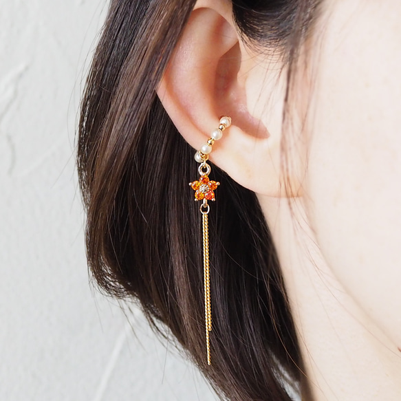 宝石のような輝き クリスタルパールとオレンジ flower* ロングチェーン