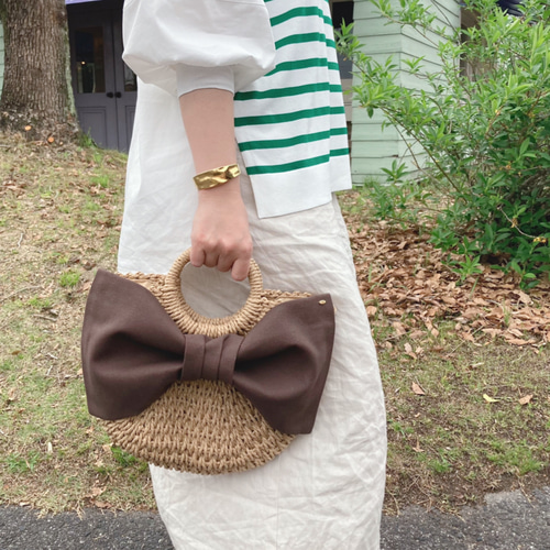 大きいリボンがかわいい♡カゴ風バッグ サンドベージュ 小さめ