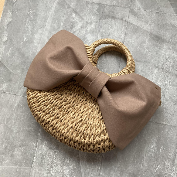 大きいリボンがかわいい♡カゴ風バッグ サンドベージュ 小さめ