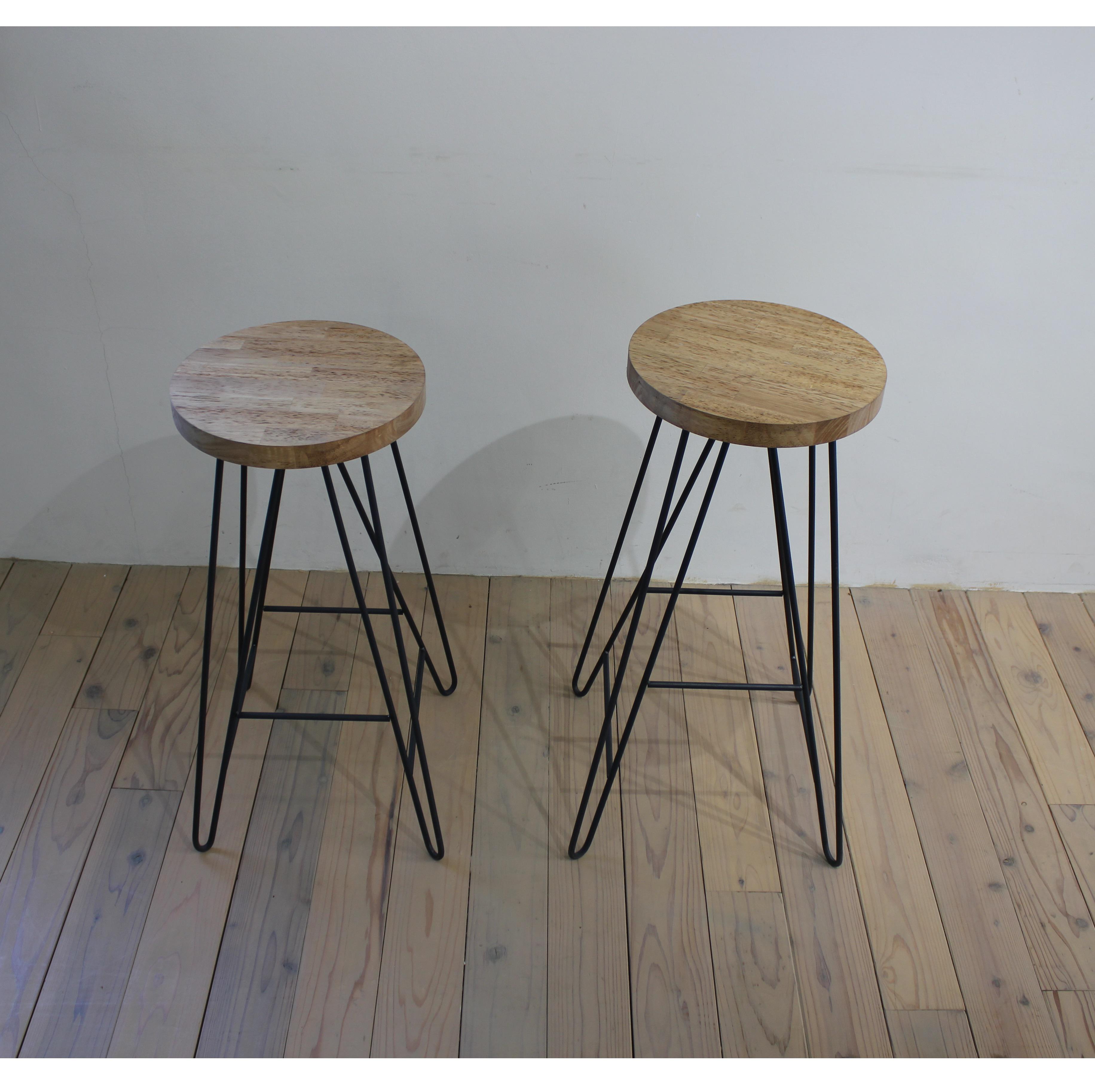 無垢とアイアンのハイスツール　スツール　ベンチ　円形　無垢座面　置き台　観葉植物　ディスプレイ　アイアン製　カフェ風