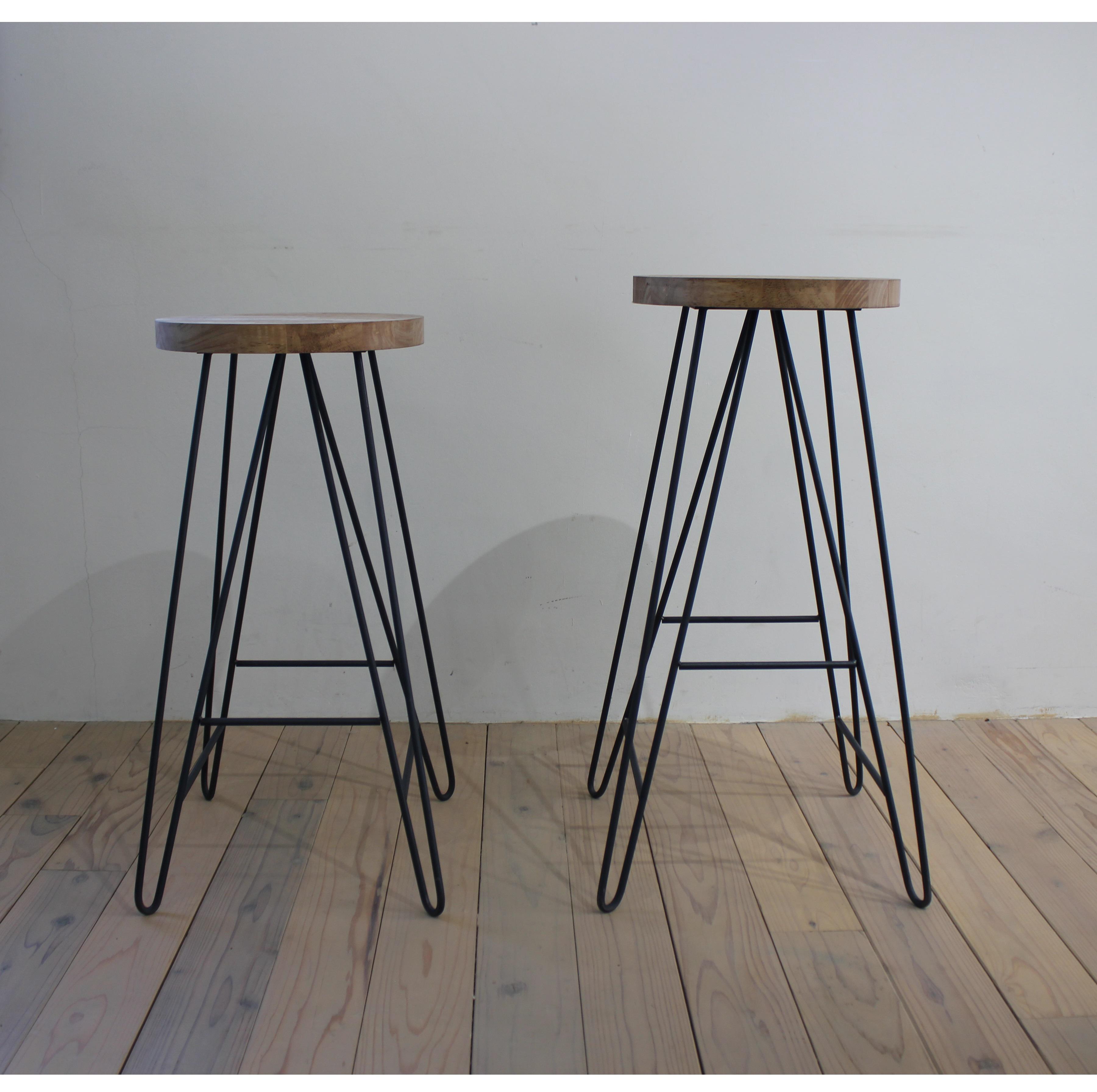 無垢とアイアンのハイスツール　スツール　ベンチ　円形　無垢座面　置き台　観葉植物　ディスプレイ　アイアン製　カフェ風