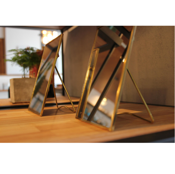 真鍮フレームミラー ブラス スタンドミラー 簡易ポケット 真鍮