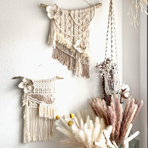 流木マクラメ編みフラワータペストリーN2 タペストリー・壁掛け ミ