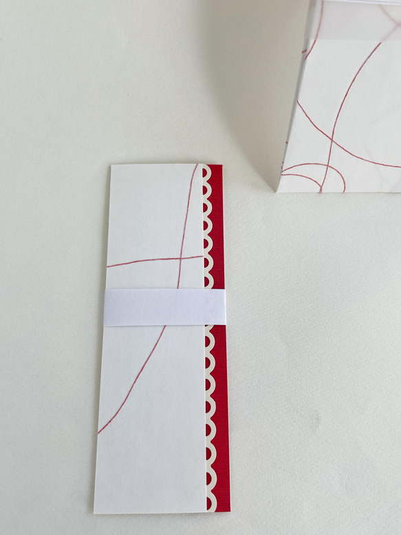 ご祝儀袋と一筆箋サイズのカードのセット 中袋 短冊付 / 糸入り和風の紙:朱・立体花色:べに 8枚目の画像