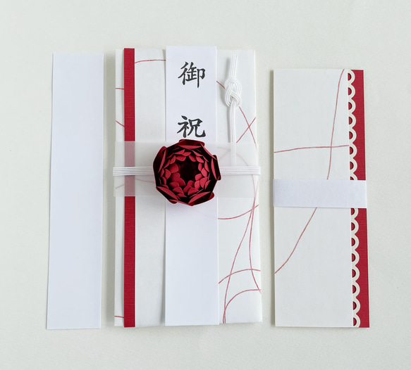 ご祝儀袋と一筆箋サイズのカードのセット 中袋 短冊付 / 糸入り和風の紙:朱・立体花色:べに 2枚目の画像
