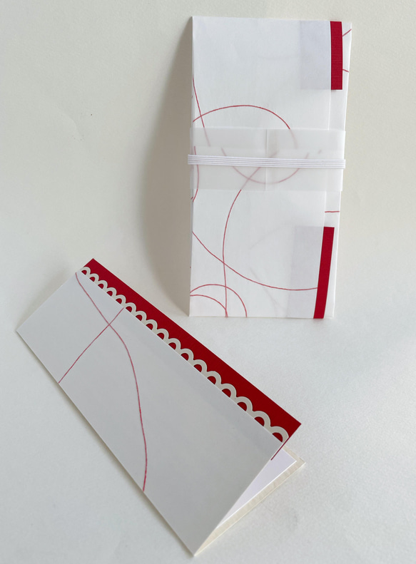 ご祝儀袋と一筆箋サイズのカードのセット 中袋 短冊付 / 糸入り和風の紙:朱・立体花色:べに 10枚目の画像
