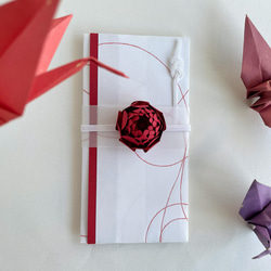 ご祝儀袋と一筆箋サイズのカードのセット 中袋 短冊付 / 糸入り和風の紙:朱・立体花色:べに 3枚目の画像