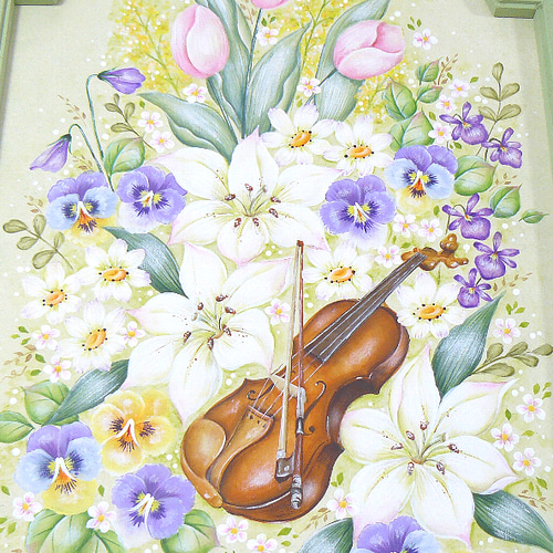 花とバイオリンのアーチフレーム❤トールペイント ウェルカムボード