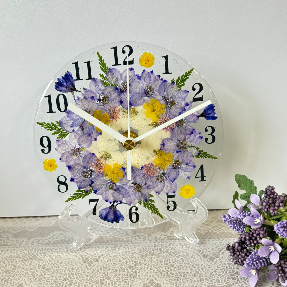【ギフト】押し花 花時計 【フラワーサークル・ラベンダー】 φ15cm ハンドメイド ギフト ボックス入り