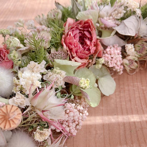 ラナンキュラスとライスフラワーのドライフラワーリース リース mou