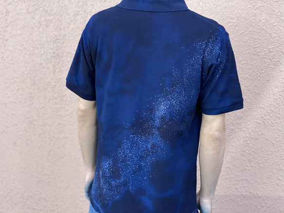 大定番！！藍染めポロシャツ オーロラ抜染 4.7オンス XLサイズ 男女兼用『一点物』 6枚目の画像