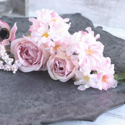 ピンクの薔薇と八重桜のヘッドドレス　アネモネ　桜　八重桜　髪飾り　成人式　ピンク13本セットお花