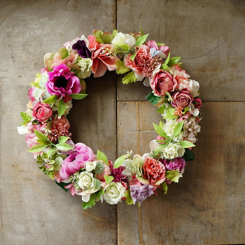 ピンクのバラとアネモネのアートフラワーリース リース atelier