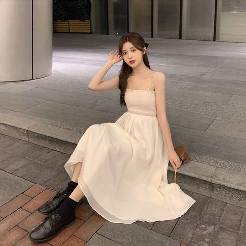 Sugerスリングドレス 韓国 ロングスカート ワンピース 春夏秋 白