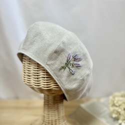 【大人】フレンチリネンのラベンダー手刺繍 ベレー帽　春夏秋　麻　リンクコーデ 3枚目の画像