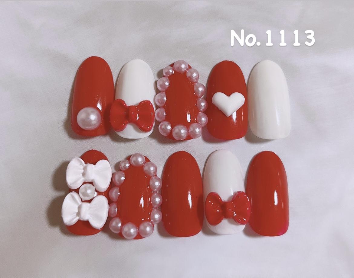 No.1113 ネイルチップ 赤 レッド 推しカラー リボン 量産型