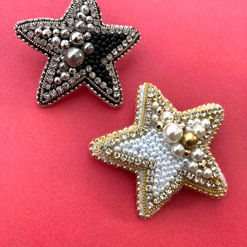 1258 ビーズ刺繍*キラキラブラウン×ホワイトビーズ*マーブルスクエア