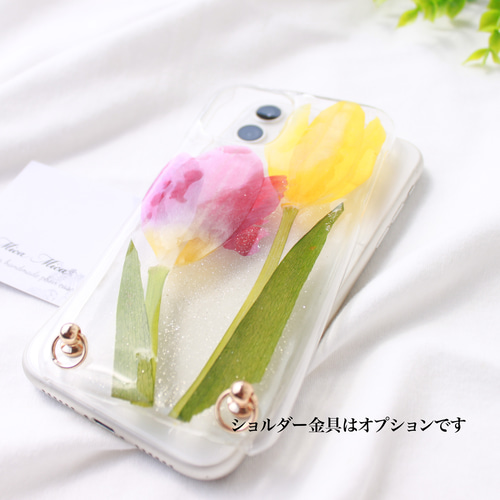 本物の【ちゅーりっぷ】全機種対応のスマホケース。押し花