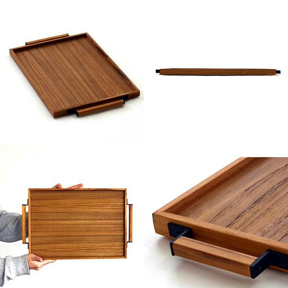 木製 チークウッド チーク×アイアン スタックトレイ 角型 インテリア テーブル 食器 皿 お盆 Lサイズ J-0046 5枚目の画像