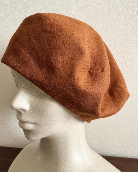 新作‼️カタチにこだわるベレー帽　リネン　オレンジブラウン 6枚目の画像