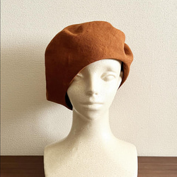 新作‼️カタチにこだわるベレー帽　リネン　オレンジブラウン 2枚目の画像