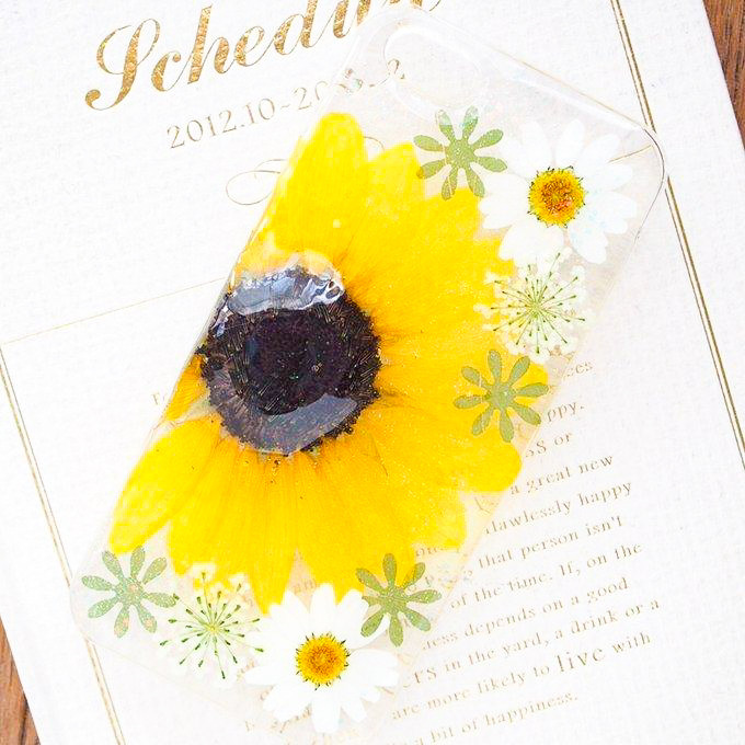 ＊大輪のひまわりとノースポールの押し花ケース＊194全機種対応 本物のお花 スマホショルダー 名入れ iPhone17
