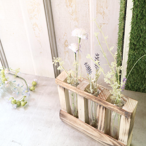 インテリアフラワー ウッドフレーム シリンダーボトル 1輪挿し 試験管  